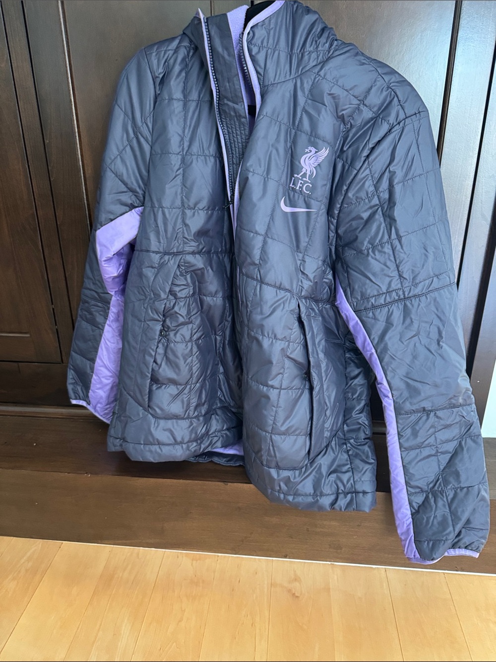 Liverpool FC men’s Puffer Jacket in Dark Gray with Purple Trim